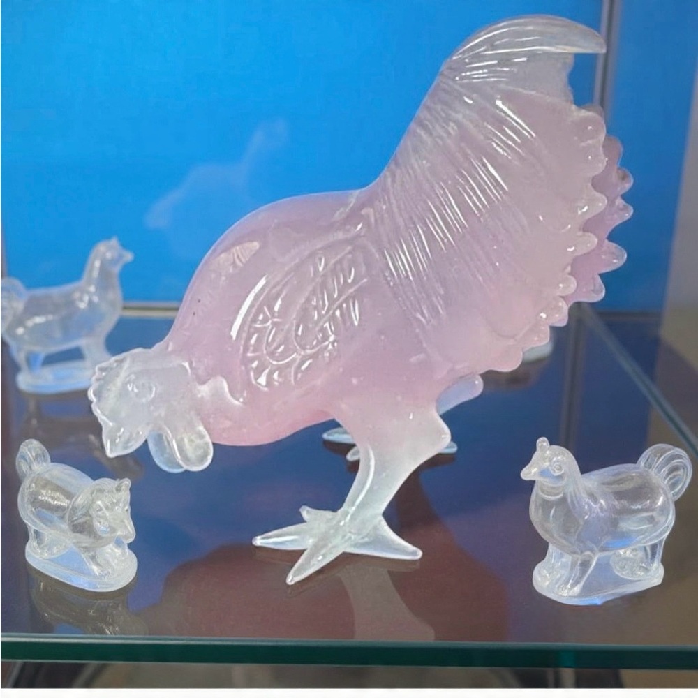 Vintage Hand carved rose, quartz, chicken Figurine